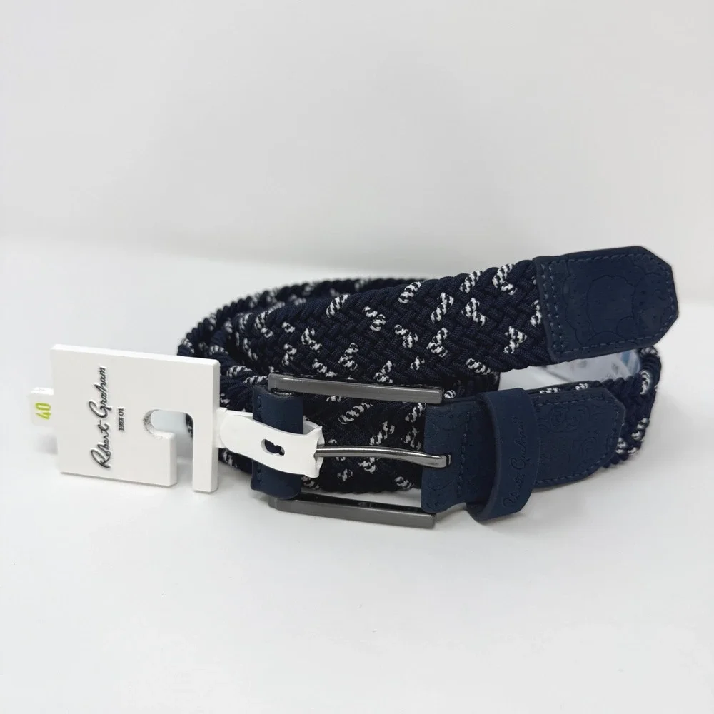 Robert Graham Jacob Belt Mens 40‎ Navy White Woven Braided Leather RG306072 NEW